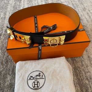 Hermès Collier de Chien Black Box Leather Belt w/ Gold Hardware Medor Waist 75CM